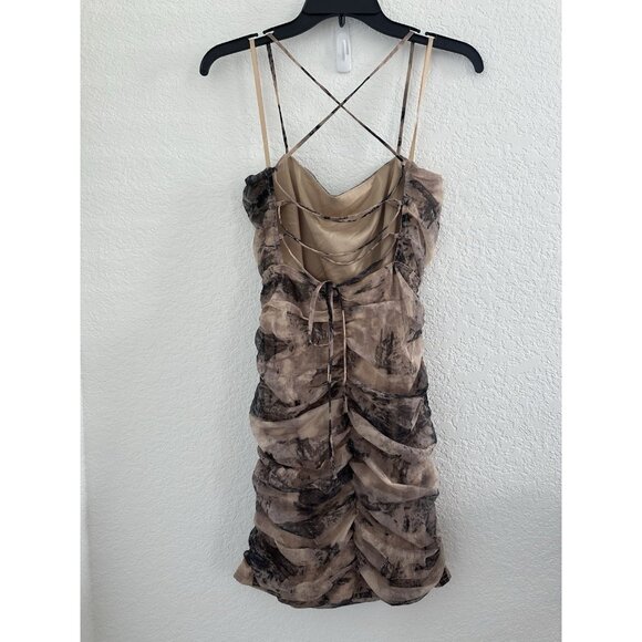 Windsor Lace-up Back Mini Dress M Taupe Abstract Ruched Side/Back 90s Y2K Party - Picture 3 of 14